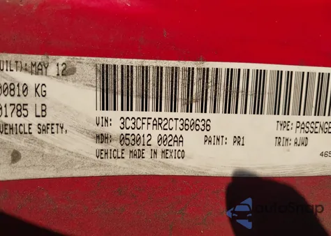 2012 Fiat 500 Pop из США, поврежденный, VIN 3C3CFFAR2CT360636